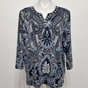 Alfred Dunner Blue Bohemian Coastal Paisley Floral Bejeweled Blouse Size L